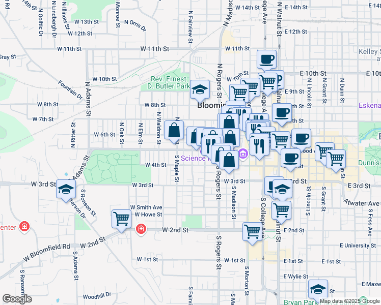 map of restaurants, bars, coffee shops, grocery stores, and more near 701 West Kirkwood Avenue in Bloomington