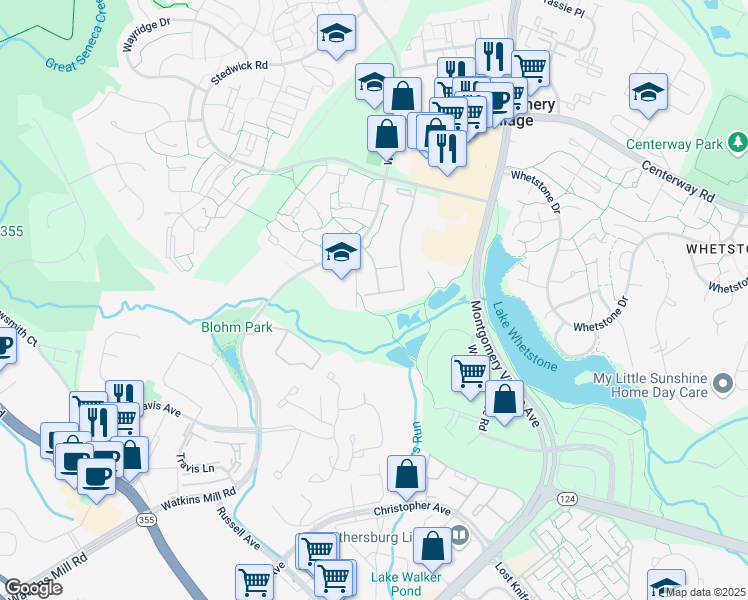 map of restaurants, bars, coffee shops, grocery stores, and more near 10138 Little Pond Place in Montgomery Village