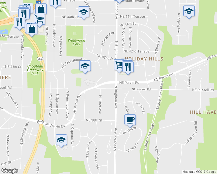 map of restaurants, bars, coffee shops, grocery stores, and more near 4908 Northeast Russell Road in Kansas City