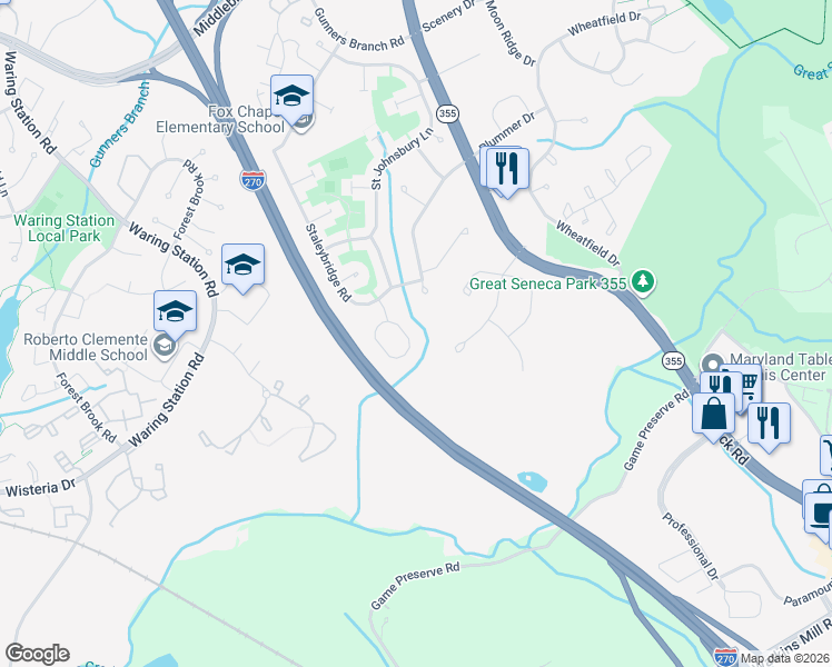 map of restaurants, bars, coffee shops, grocery stores, and more near 18973 Abbotsford Circle in Germantown