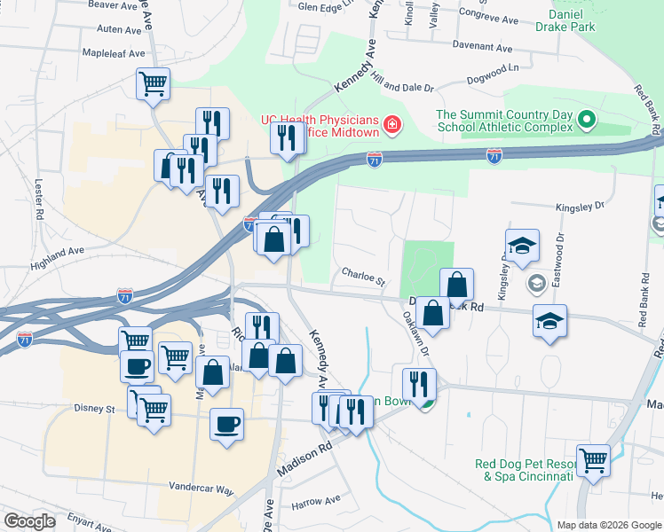 map of restaurants, bars, coffee shops, grocery stores, and more near 5261 Charloe Court in Cincinnati