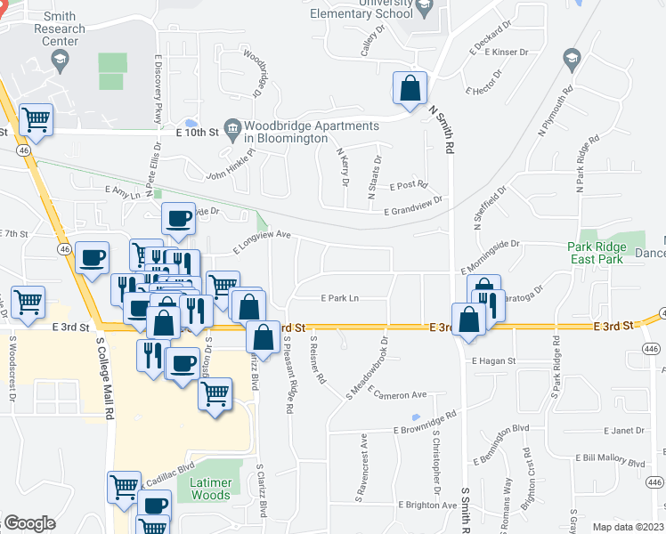 map of restaurants, bars, coffee shops, grocery stores, and more near 3607 East Morningside Drive in Bloomington