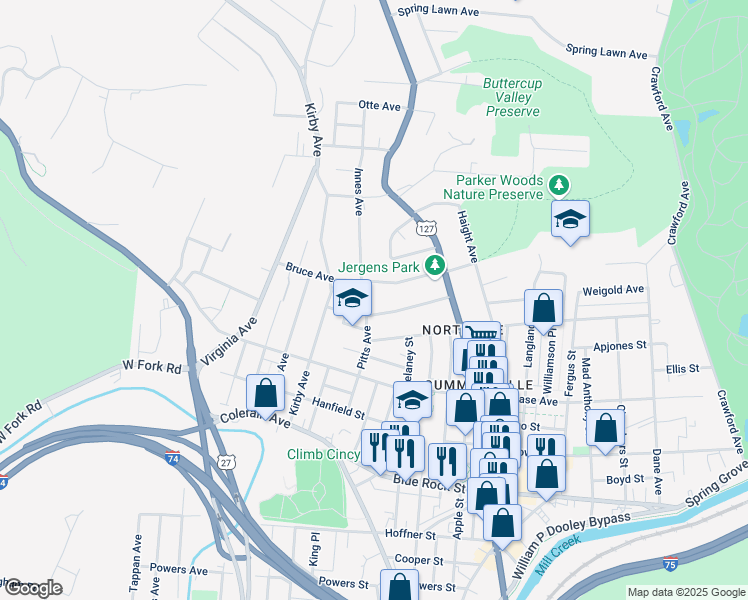 map of restaurants, bars, coffee shops, grocery stores, and more near 4342 Pitts Avenue in Cincinnati