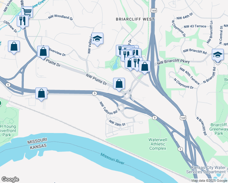 map of restaurants, bars, coffee shops, grocery stores, and more near 9 Hwy in Kansas City