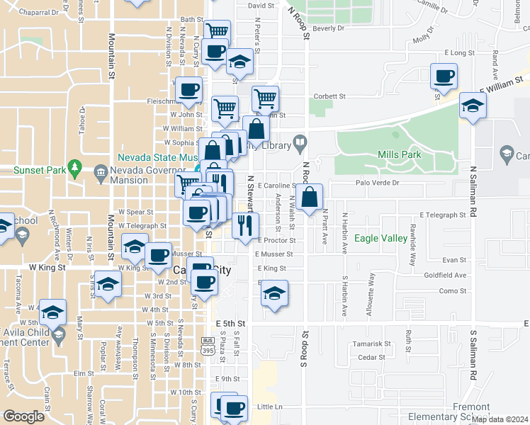 map of restaurants, bars, coffee shops, grocery stores, and more near 500 East Spear Street in Carson City