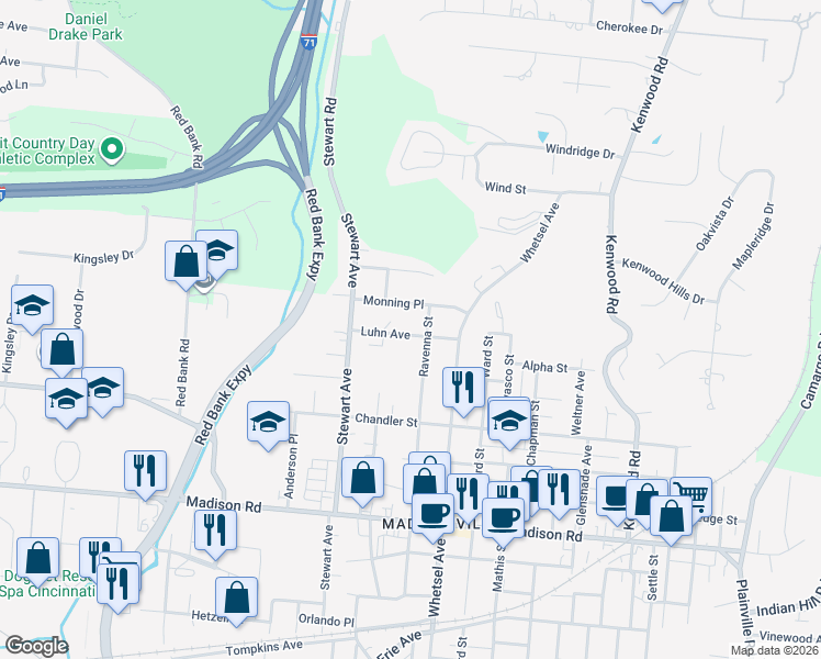 map of restaurants, bars, coffee shops, grocery stores, and more near 5710 Luhn Avenue in Cincinnati