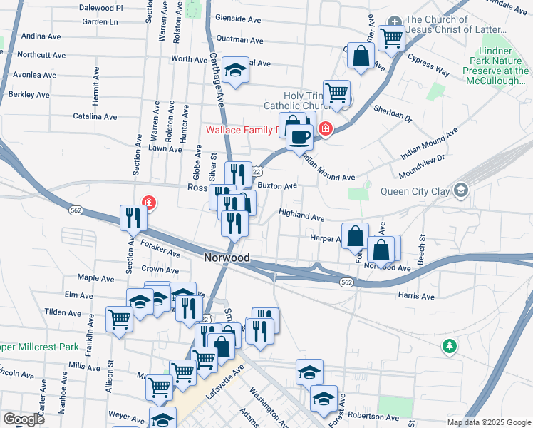 map of restaurants, bars, coffee shops, grocery stores, and more near 5021 Wesley Avenue in Cincinnati