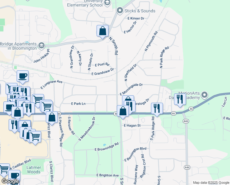 map of restaurants, bars, coffee shops, grocery stores, and more near 3901 East Morningside Drive in Bloomington