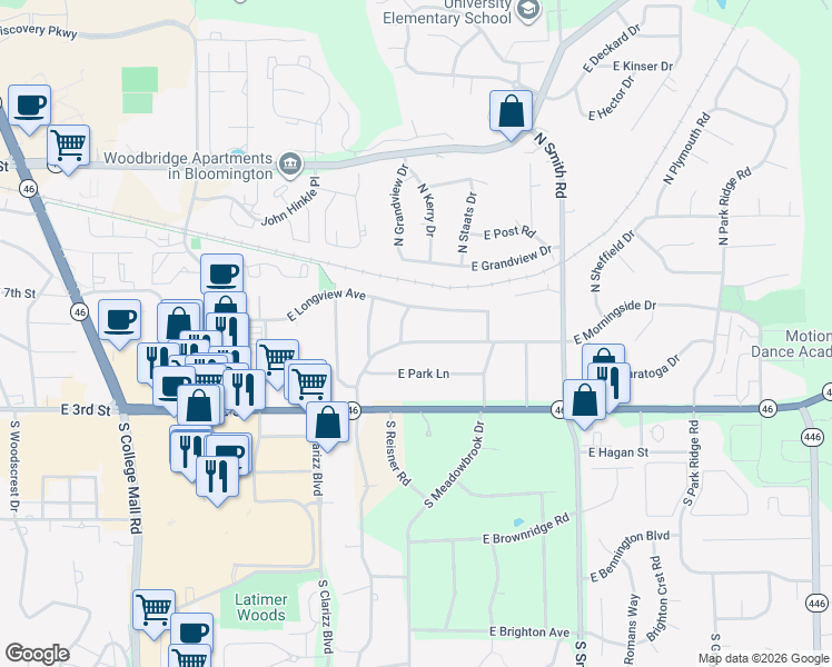 map of restaurants, bars, coffee shops, grocery stores, and more near 3607 East Morningside Drive in Bloomington