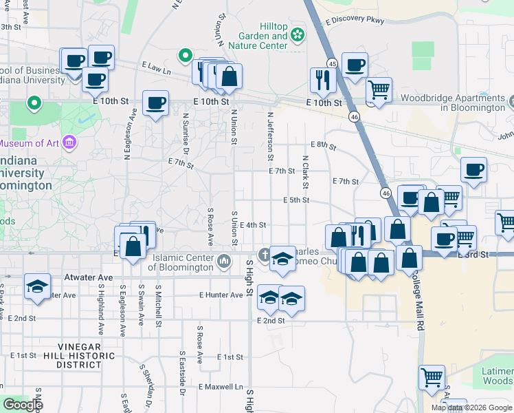 map of restaurants, bars, coffee shops, grocery stores, and more near 105 South Bryan Avenue in Bloomington