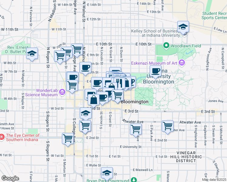 map of restaurants, bars, coffee shops, grocery stores, and more near 420 East Kirkwood Avenue in Bloomington