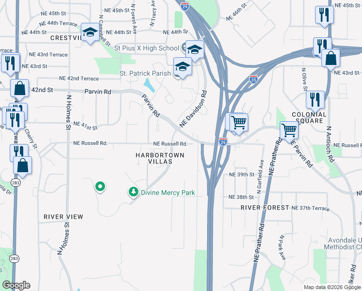 map of restaurants, bars, coffee shops, grocery stores, and more near 1411 Northeast Russell Road in Kansas City