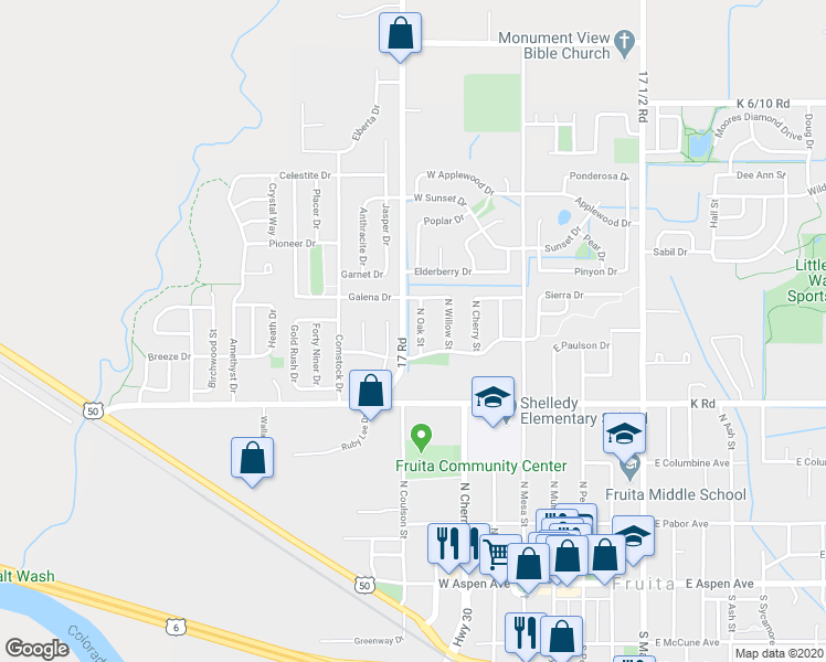 map of restaurants, bars, coffee shops, grocery stores, and more near 525 North Oak Street in Fruita