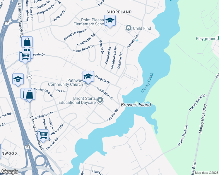 map of restaurants, bars, coffee shops, grocery stores, and more near 309 Benmere Road in Glen Burnie