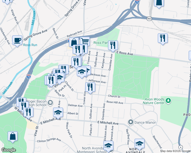map of restaurants, bars, coffee shops, grocery stores, and more near 4614 Sullivan Avenue in Cincinnati