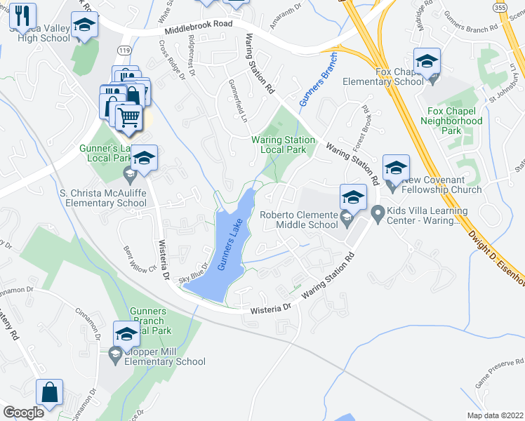map of restaurants, bars, coffee shops, grocery stores, and more near 12160 Island View Circle in Germantown