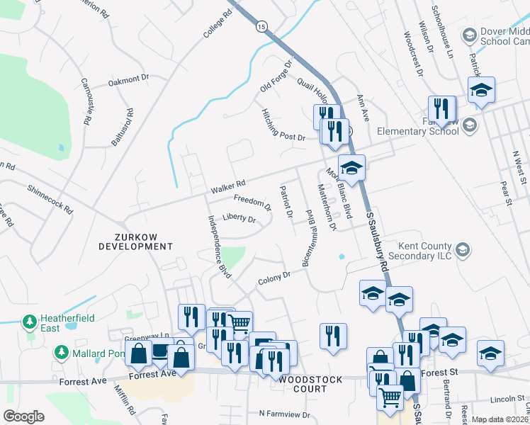 map of restaurants, bars, coffee shops, grocery stores, and more near 30 Freedom Drive in Dover