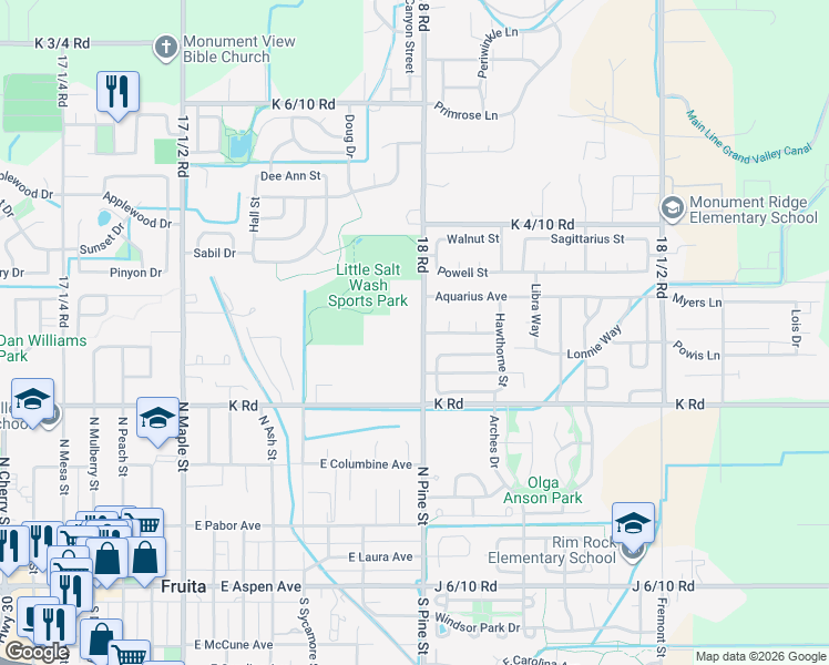 map of restaurants, bars, coffee shops, grocery stores, and more near 1115 18 Road in Fruita