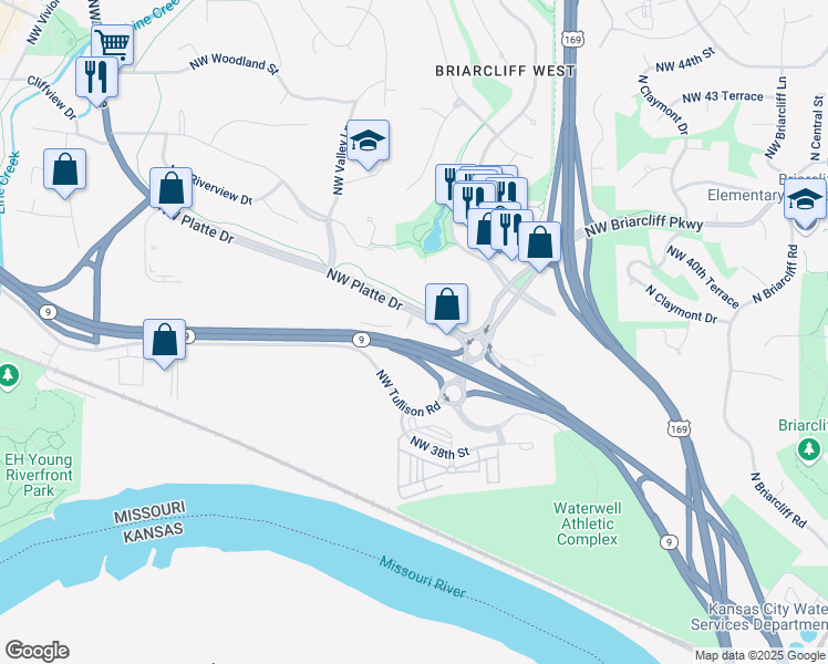 map of restaurants, bars, coffee shops, grocery stores, and more near 1601 Northwest Platte Road in Kansas City