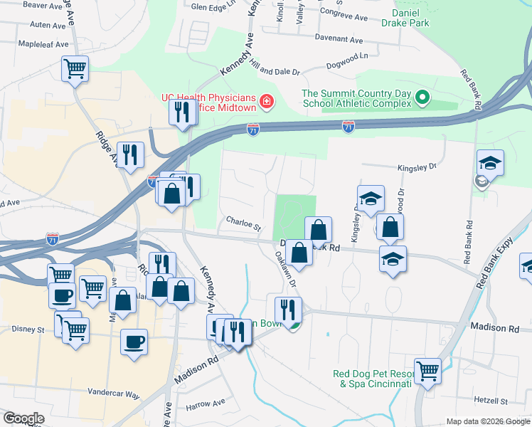 map of restaurants, bars, coffee shops, grocery stores, and more near 4662 Riley Lane in Cincinnati