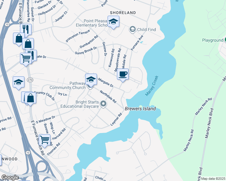 map of restaurants, bars, coffee shops, grocery stores, and more near 309 Benmere Road in Glen Burnie