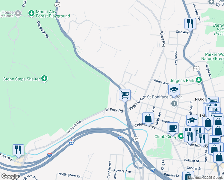 map of restaurants, bars, coffee shops, grocery stores, and more near 4467 Colerain Avenue in Cincinnati