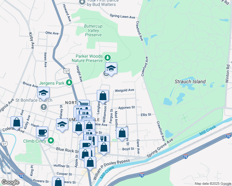 map of restaurants, bars, coffee shops, grocery stores, and more near 1471 Weigold Avenue in Cincinnati