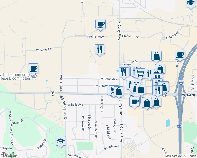 map of restaurants, bars, coffee shops, grocery stores, and more near 4099 West Grand Avenue in Bloomington