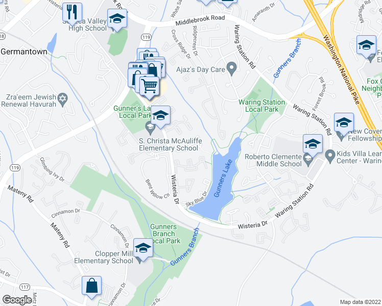 map of restaurants, bars, coffee shops, grocery stores, and more near 19037 Partridge Wood Drive in Germantown