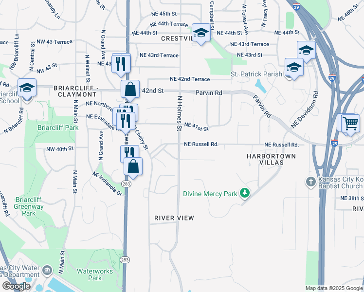 map of restaurants, bars, coffee shops, grocery stores, and more near 3963 North Holmes Street in Kansas City