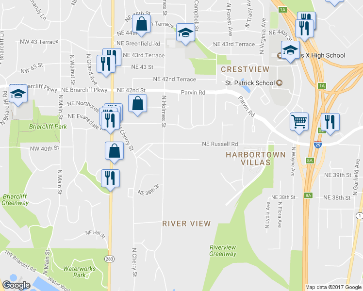 map of restaurants, bars, coffee shops, grocery stores, and more near 805 Northeast Russell Road in Kansas City