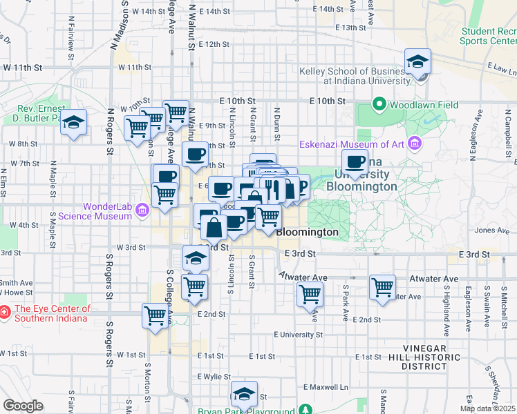map of restaurants, bars, coffee shops, grocery stores, and more near 422 East Kirkwood Avenue in Bloomington