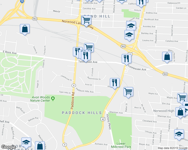 map of restaurants, bars, coffee shops, grocery stores, and more near 4510 Bristol Lane in Cincinnati