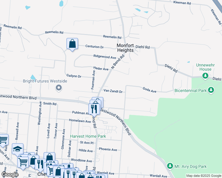 map of restaurants, bars, coffee shops, grocery stores, and more near 3330 Van Zandt Drive in Cincinnati