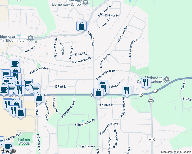 map of restaurants, bars, coffee shops, grocery stores, and more near 3901 East Morningside Drive in Bloomington