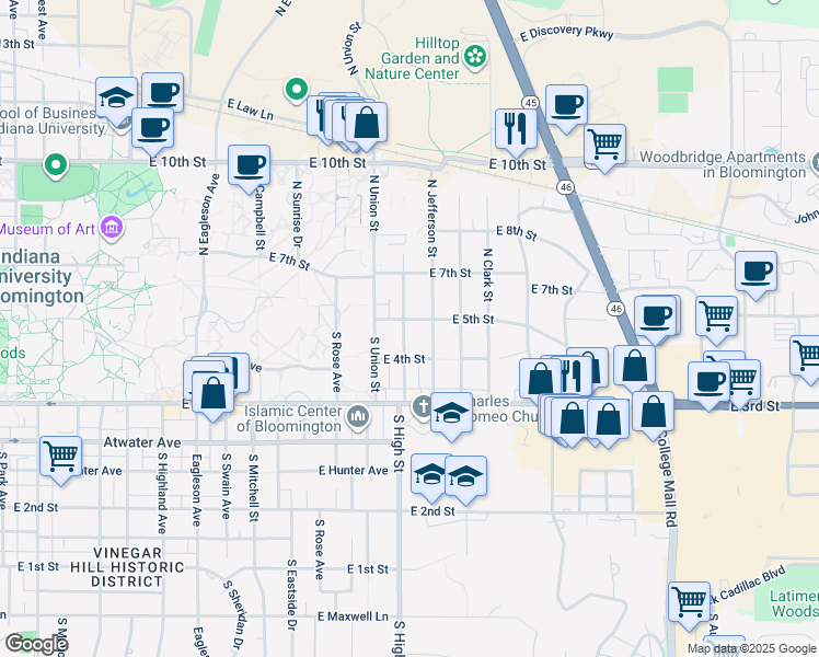 map of restaurants, bars, coffee shops, grocery stores, and more near 105 South Bryan Avenue in Bloomington