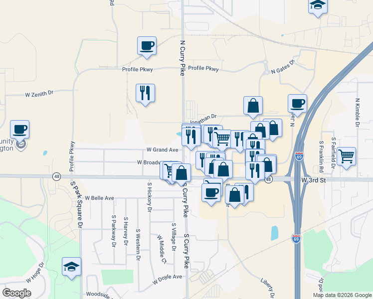 map of restaurants, bars, coffee shops, grocery stores, and more near 101 South Curry Pike in Bloomington