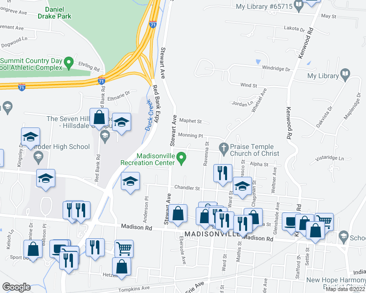 map of restaurants, bars, coffee shops, grocery stores, and more near 5607 Luhn Avenue in Cincinnati