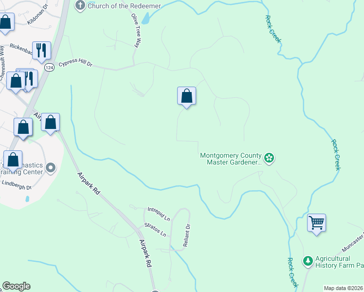 map of restaurants, bars, coffee shops, grocery stores, and more near 19201 Autumn Maple Lane in Gaithersburg