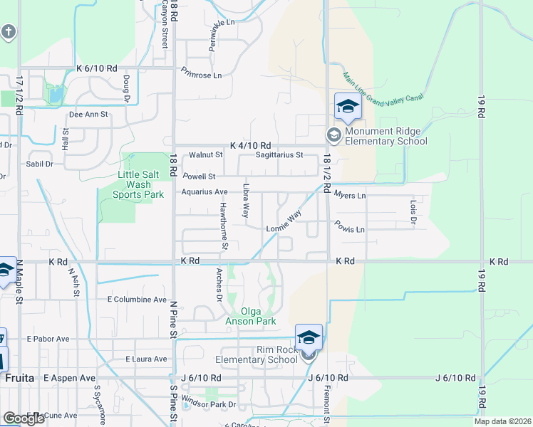 map of restaurants, bars, coffee shops, grocery stores, and more near 522 Virgo Way in Fruita