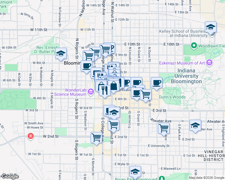 map of restaurants, bars, coffee shops, grocery stores, and more near 101 West Kirkwood Avenue in Bloomington