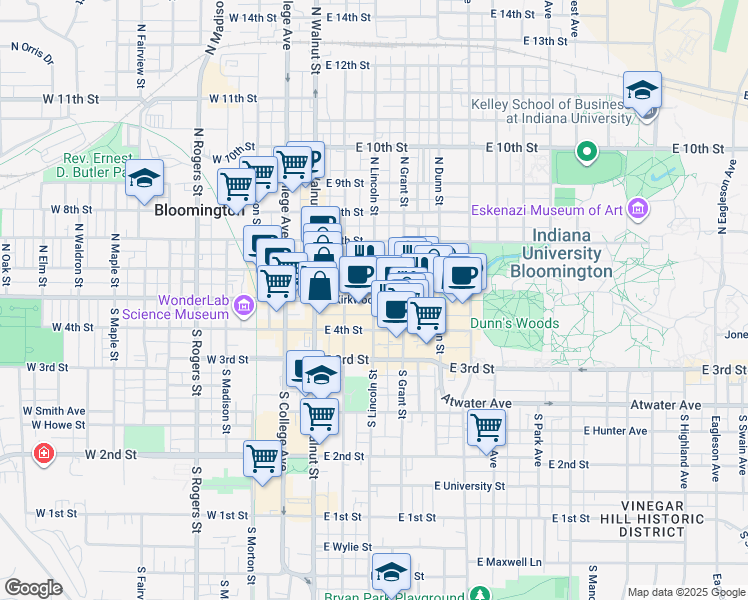 map of restaurants, bars, coffee shops, grocery stores, and more near 300 East Kirkwood Avenue in Bloomington