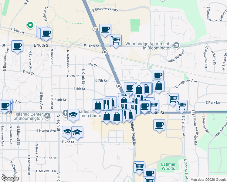 map of restaurants, bars, coffee shops, grocery stores, and more near 2634 East Dekist Street in Bloomington