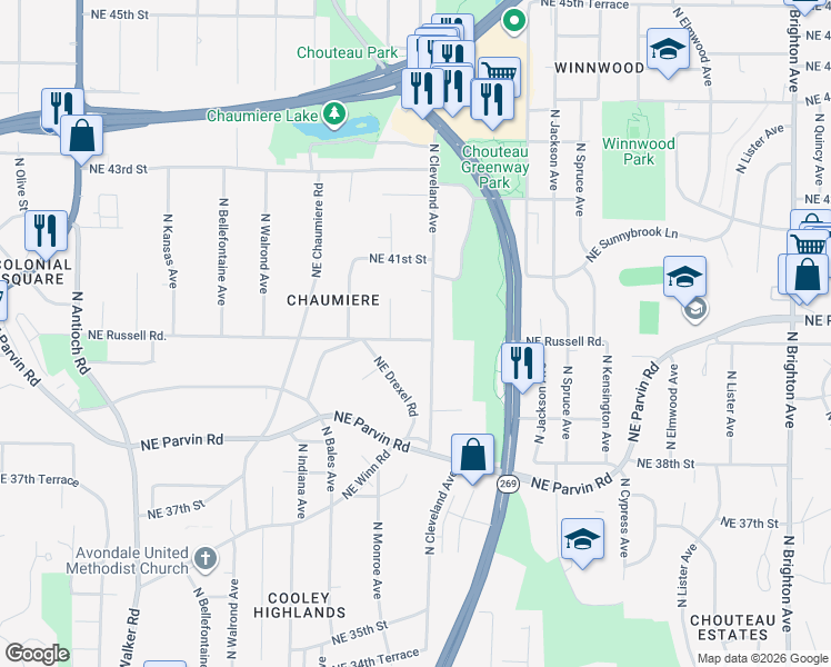 map of restaurants, bars, coffee shops, grocery stores, and more near 3718 Northeast Russell Road in Kansas City