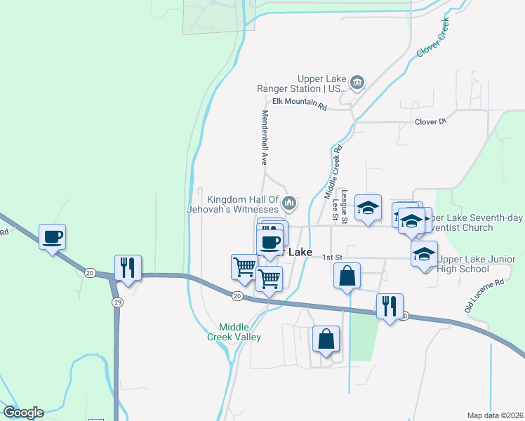 map of restaurants, bars, coffee shops, grocery stores, and more near 9650 Mendenhall Avenue in Upper Lake