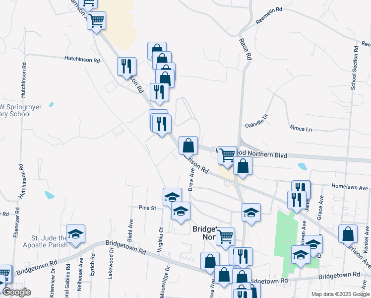 map of restaurants, bars, coffee shops, grocery stores, and more near 5608 Harrison Avenue in Cincinnati