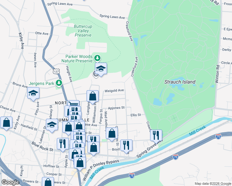 map of restaurants, bars, coffee shops, grocery stores, and more near 1431 Weigold Avenue in Cincinnati