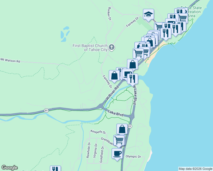 map of restaurants, bars, coffee shops, grocery stores, and more near 221 Fairway Drive in Tahoe City