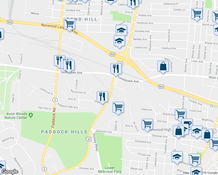 map of restaurants, bars, coffee shops, grocery stores, and more near 4511 Reading Rd in Cincinnati