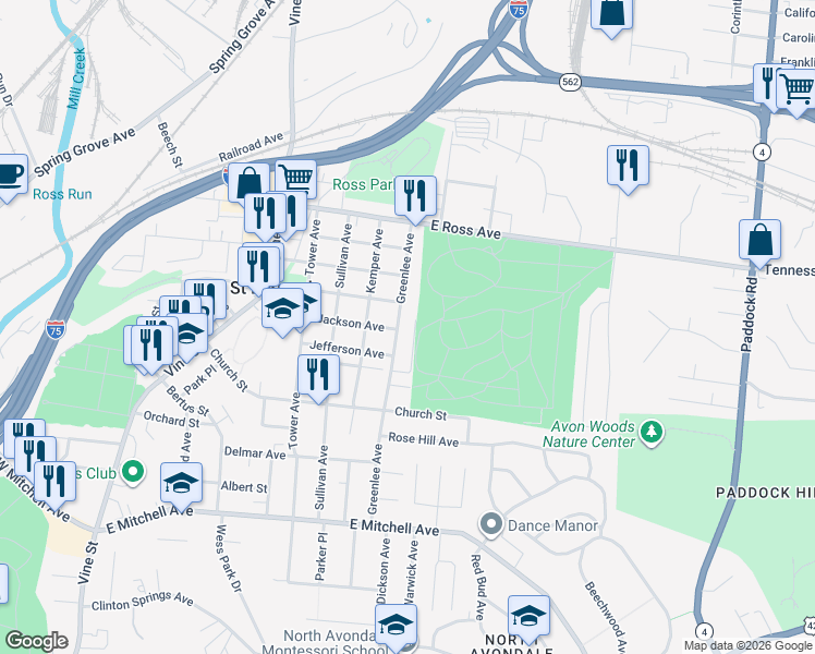 map of restaurants, bars, coffee shops, grocery stores, and more near 4702 Greenlee Avenue in Cincinnati